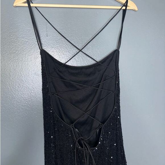 Mac Duggal Stretch Sequin Lace Up Back Evening Maxi Gown/Dress Black Size 8 - Picture 9 of 10